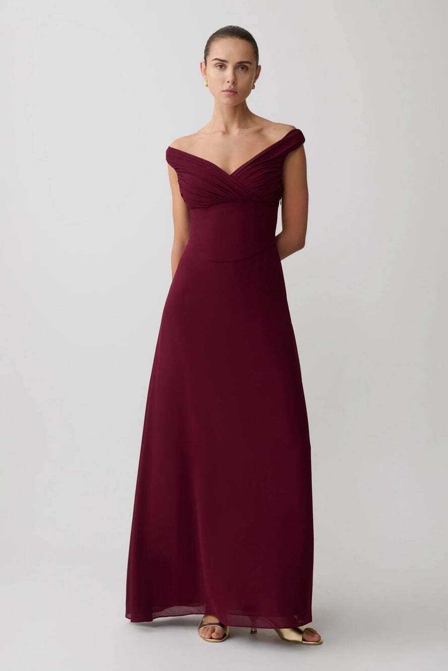 NWT Meshki Mabel Off Shoulder Chiffon Maxi Dress Size S Merlot Burgundy Formal